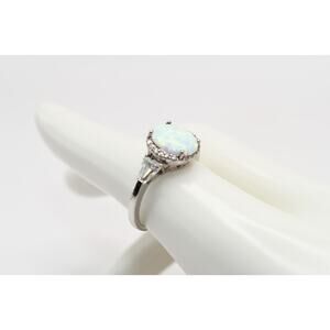Sterling 925 Faux Opal Ring Size 7 Oval Halo Setting